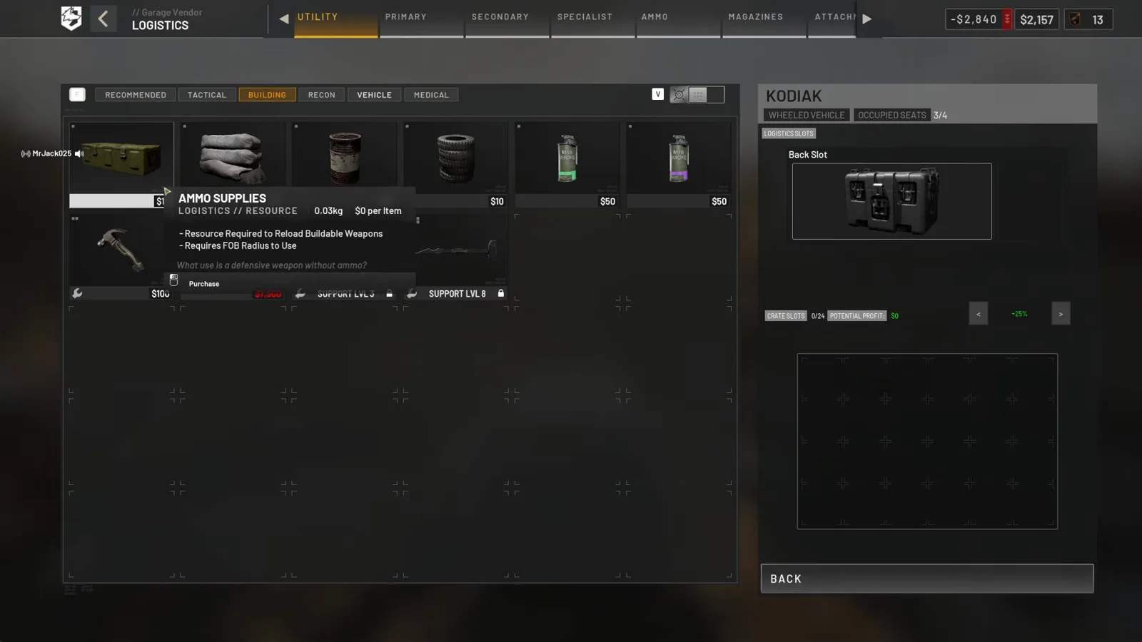 WARDOGS Garage Vendor Logistics Building tab open on the Ammo Supplies resource card describing it as required to reload buildable weapons and needing FOB radius