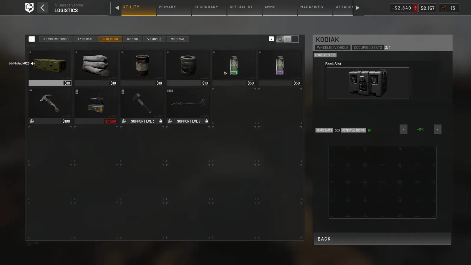 WARDOGS logistics vendor Building tab pricing four FOB supply stacks at ten dollars each with crate slots and a plus twenty-five percent markup selector on the right