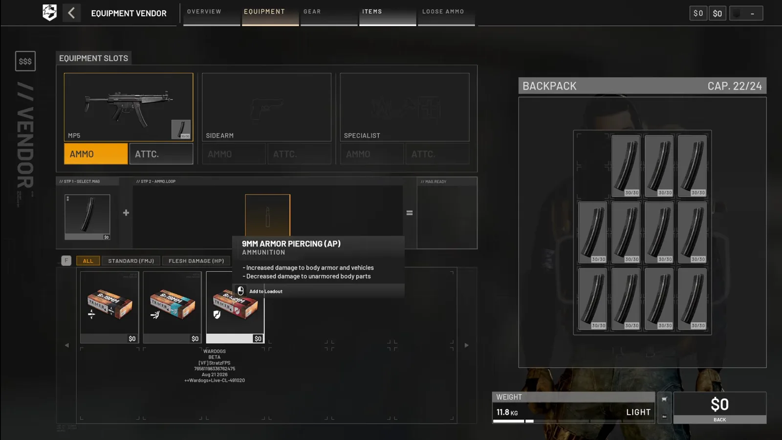 WARDOGS vendor 9mm Armor Piercing AP ammunition description showing increased damage to body armor and vehicles next to the Standard and Flesh filter chips