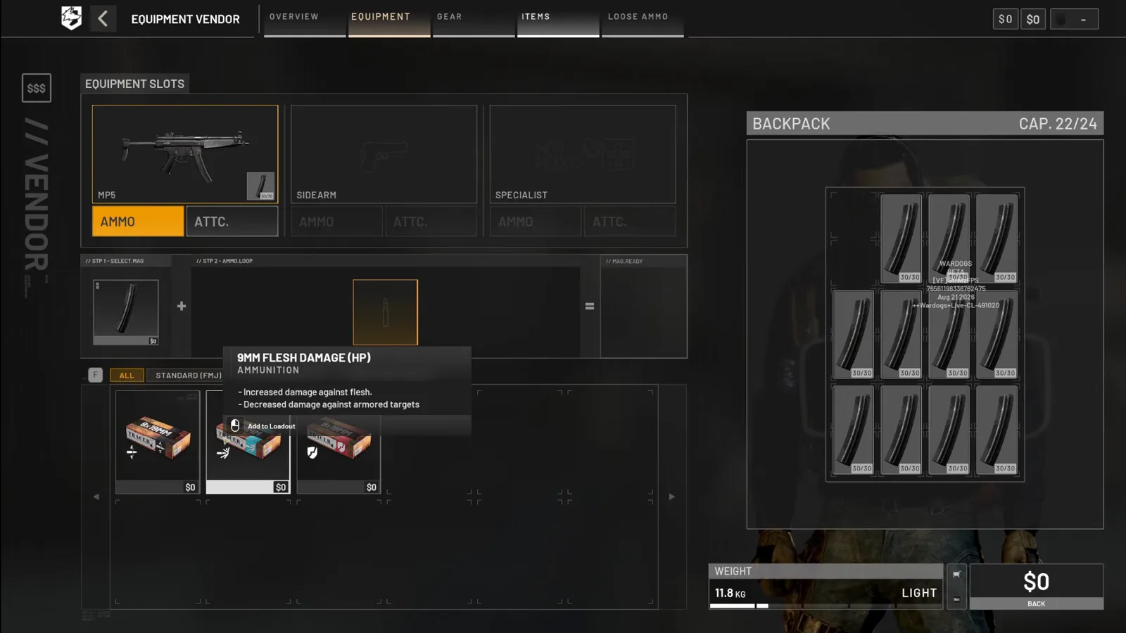 WARDOGS vendor tooltip for 9mm Flesh Damage HP ammunition warning of increased damage against flesh and decreased damage against armored targets