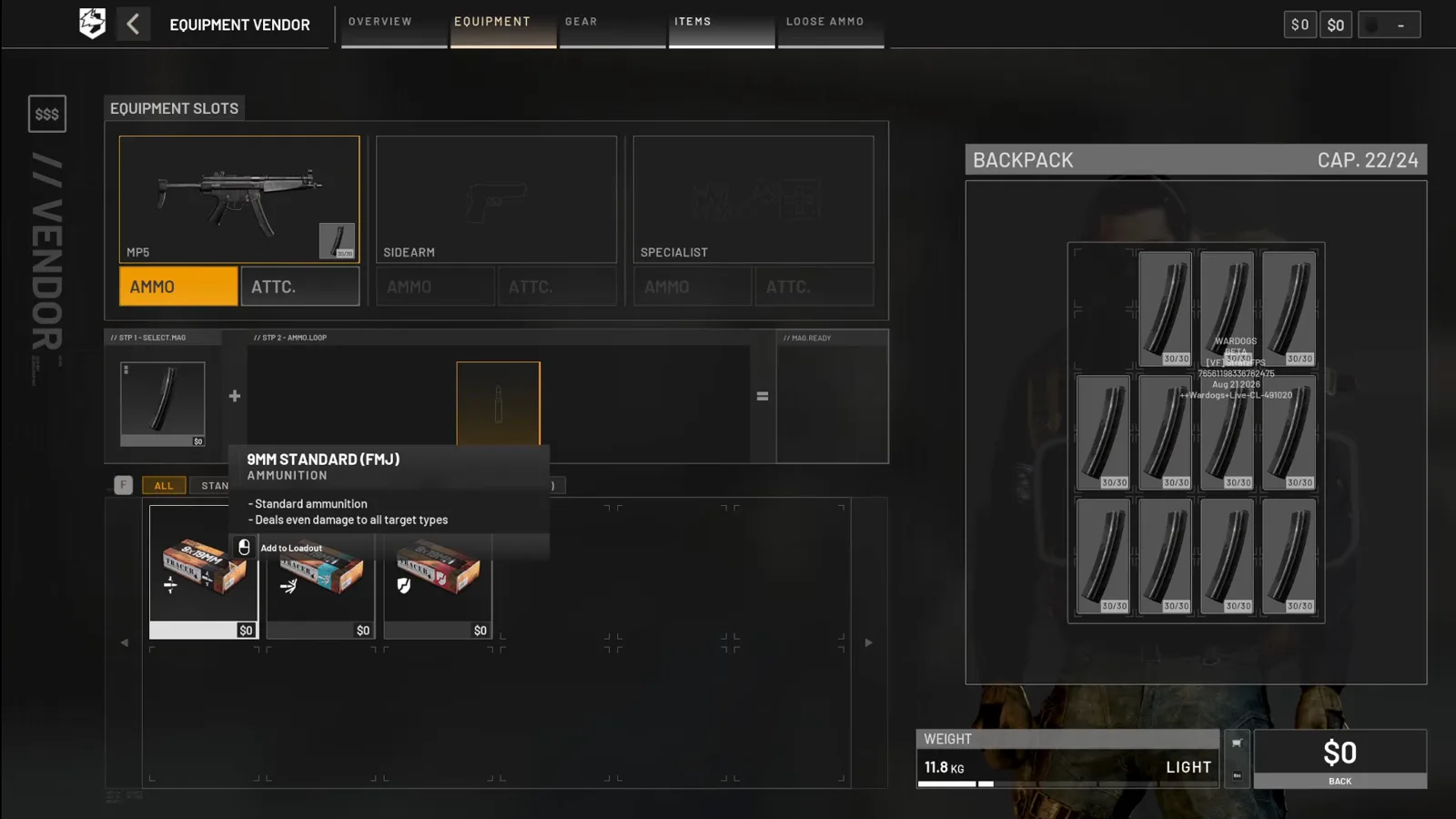 WARDOGS loose ammo shop screen highlighting the 9mm Standard FMJ ammunition box with its in-game description of dealing even damage to all target types