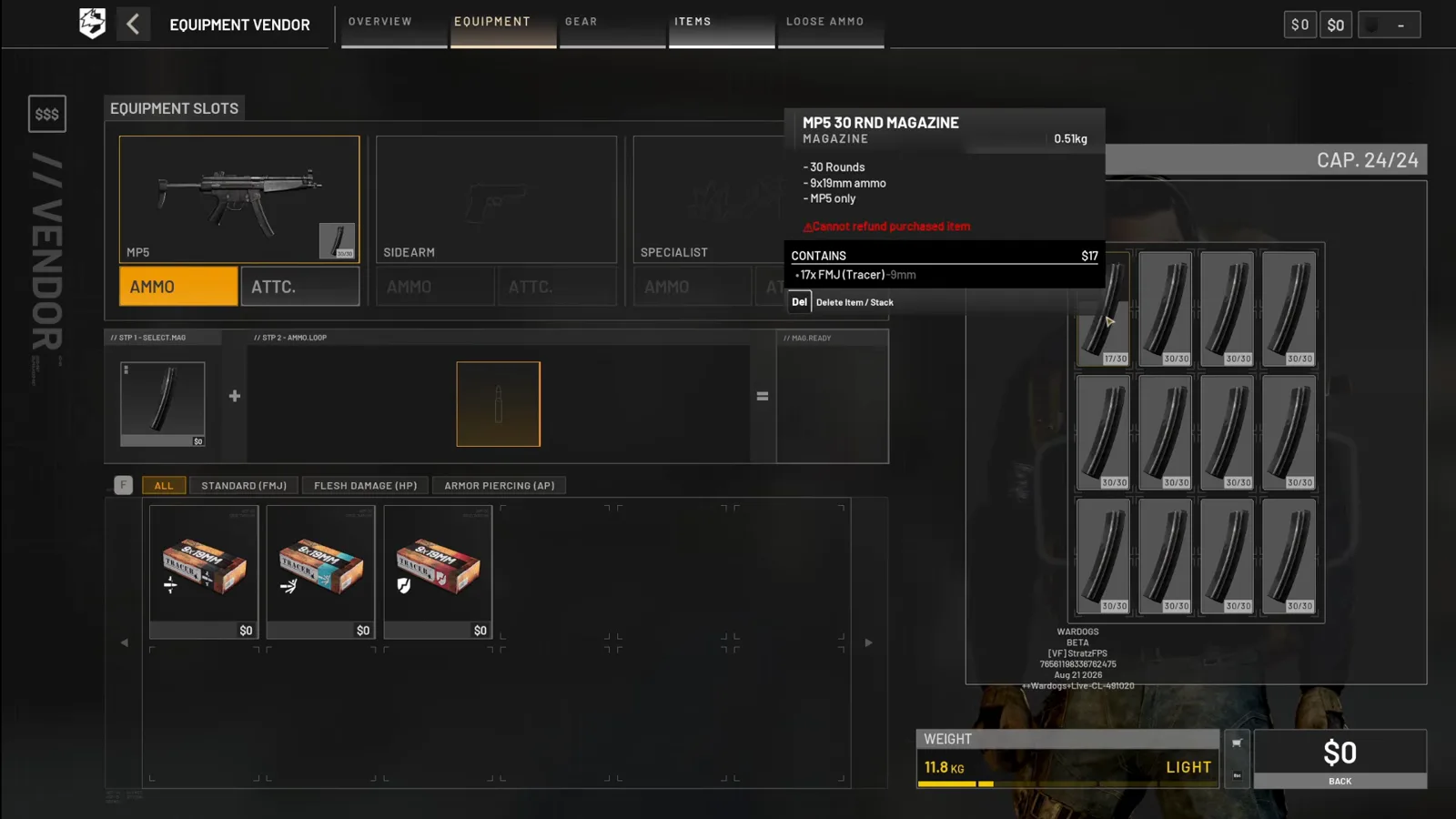 WARDOGS equipment vendor magazine card for the MP5 30 Rnd Magazine showing a Contains line reading 17x FMJ Tracer rounds still loaded in the partially spent magazine