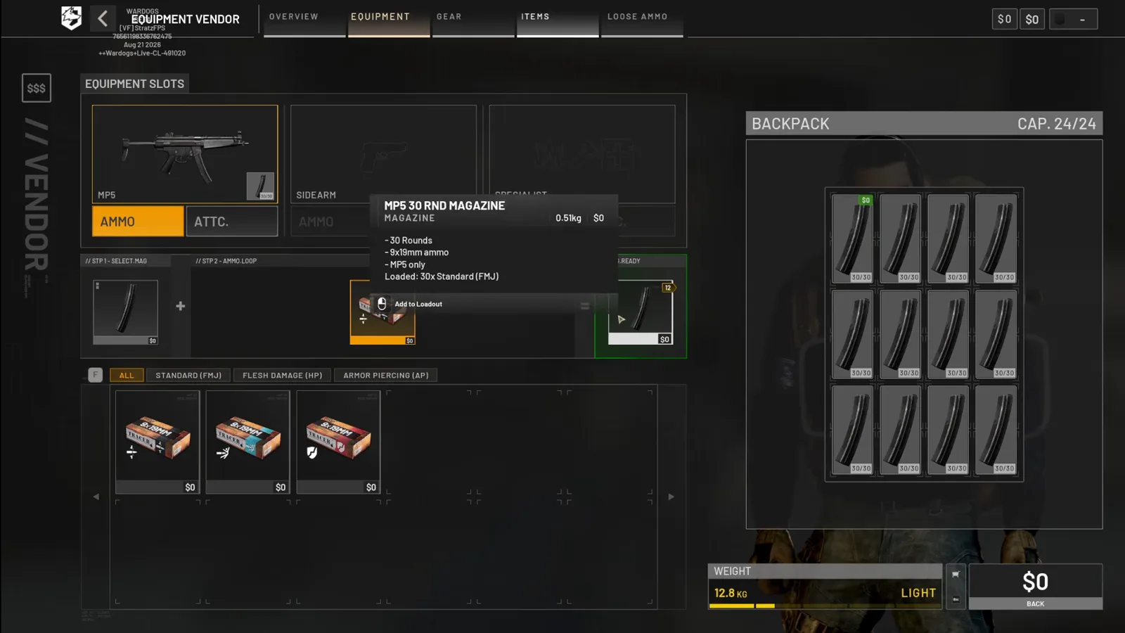 WARDOGS vendor magazine assembler with step one select mag and step two ammo loop panels combining into a green Mag Ready magazine loaded with 30x Standard FMJ rounds