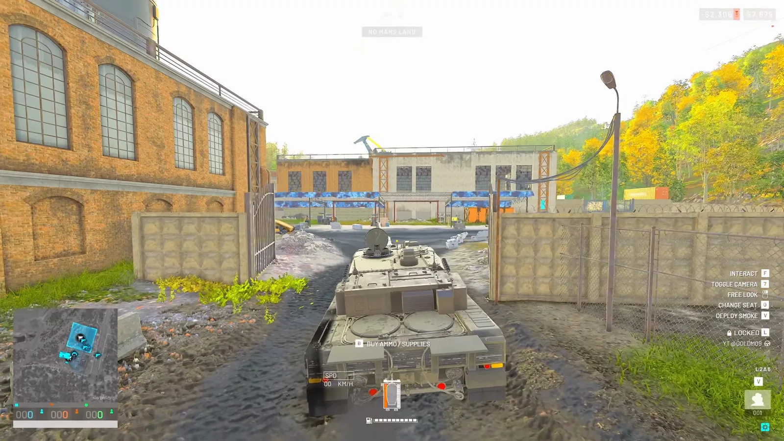 Immobilized WARDOGS tank pouring white smoke beside a compound gate after repeated rear-side rocket hits