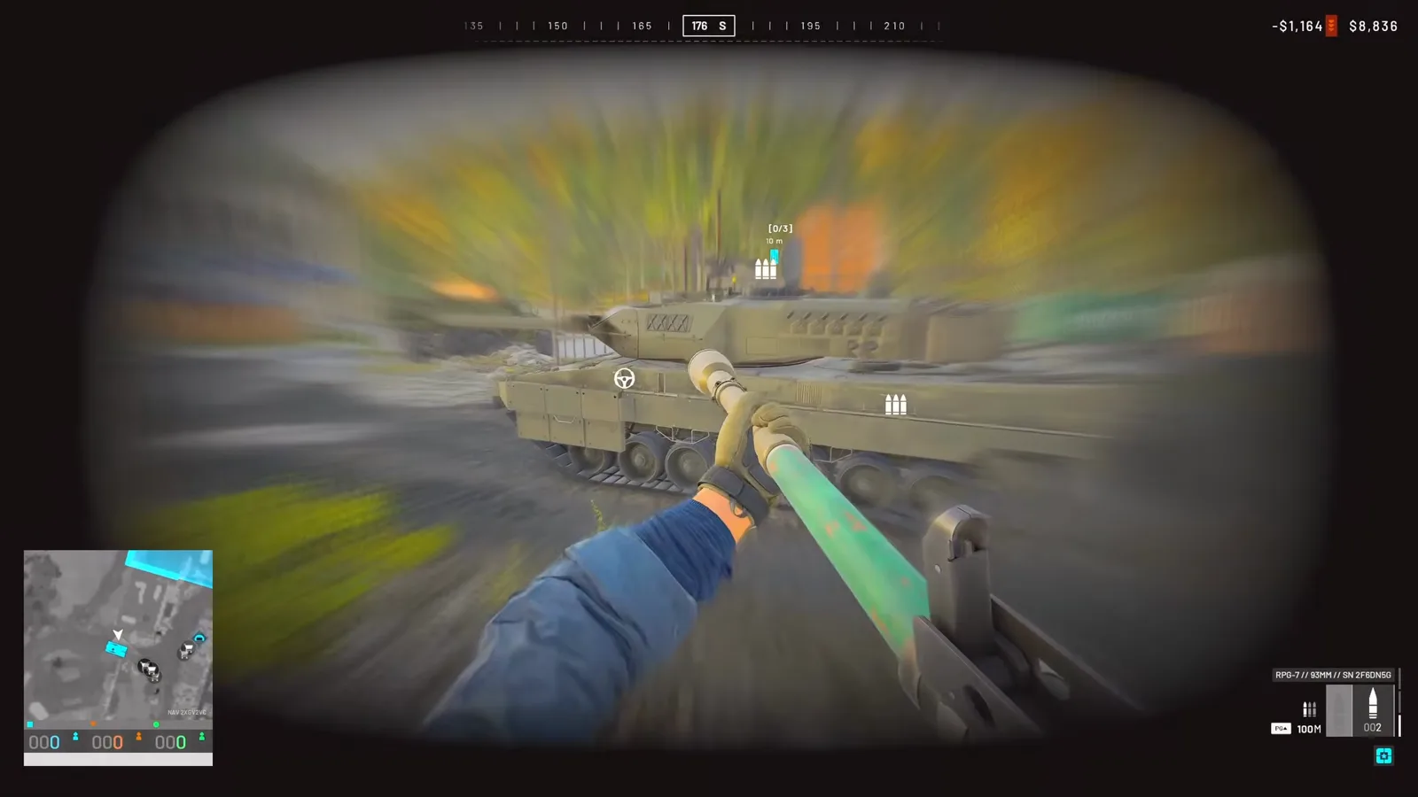 RPG-7 zoomed sight picture centered on the side hull of a WARDOGS tank viewed through the launcher eyepiece during the flank test