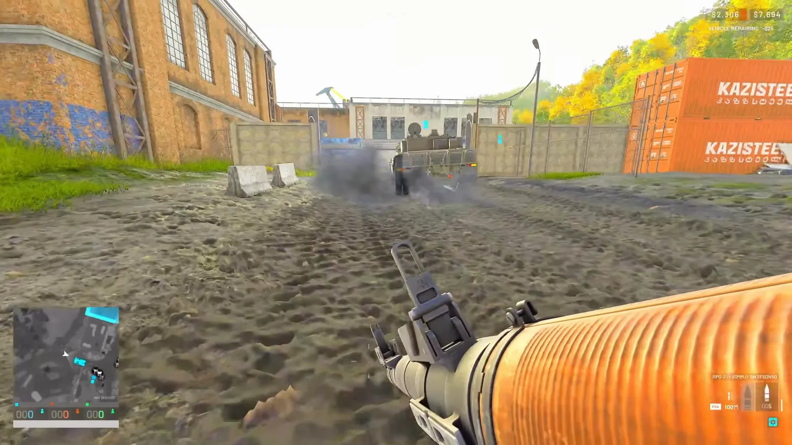 Point-blank WARDOGS track shot with the RPG-7 tube pressed toward the road wheels and drive sprocket of an enemy tank