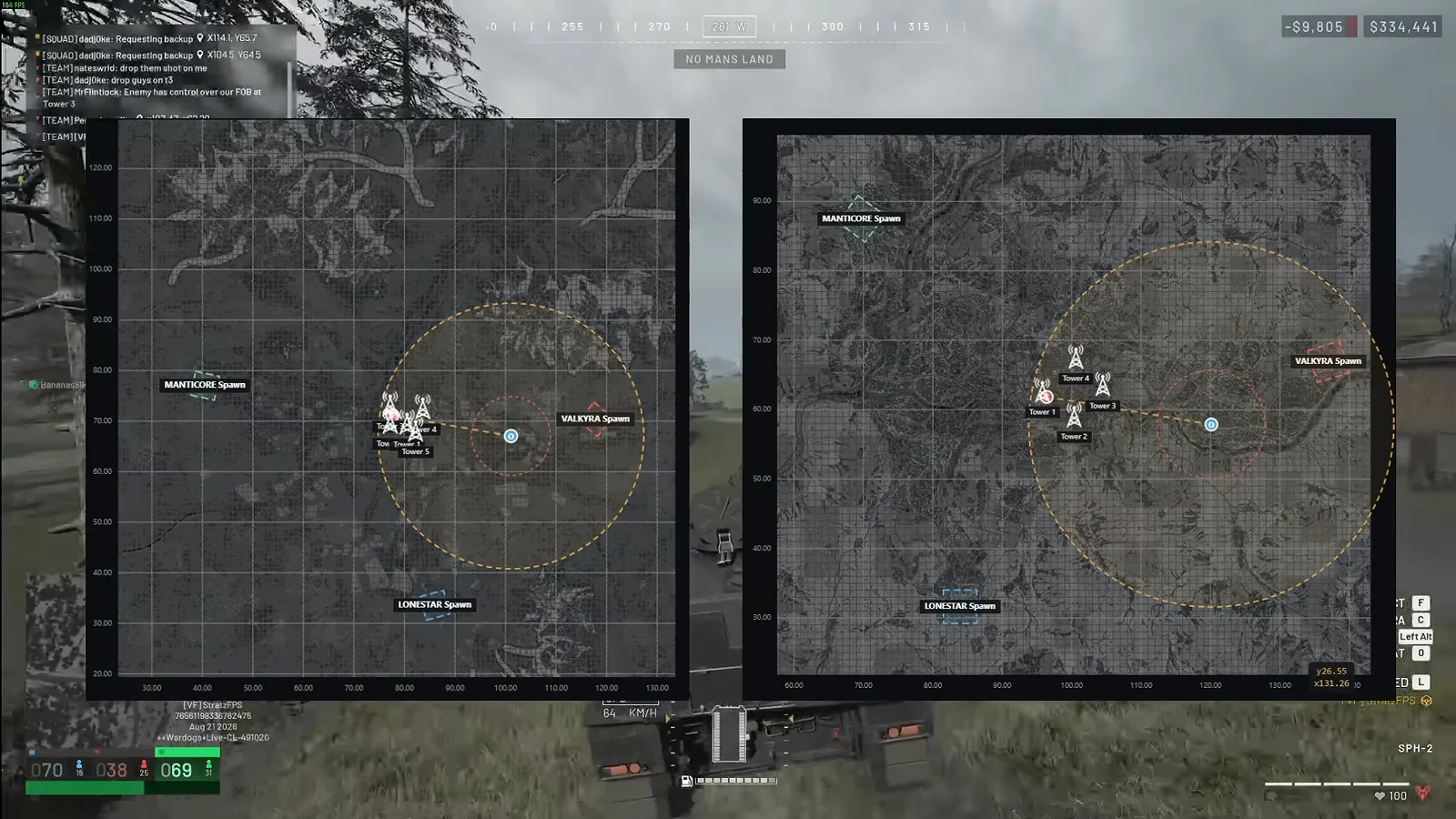 WARDOGS tactical map comparison with dashed SPH 2 range circles drawn over each map so you can check that a parking spot reaches the enemy control zone