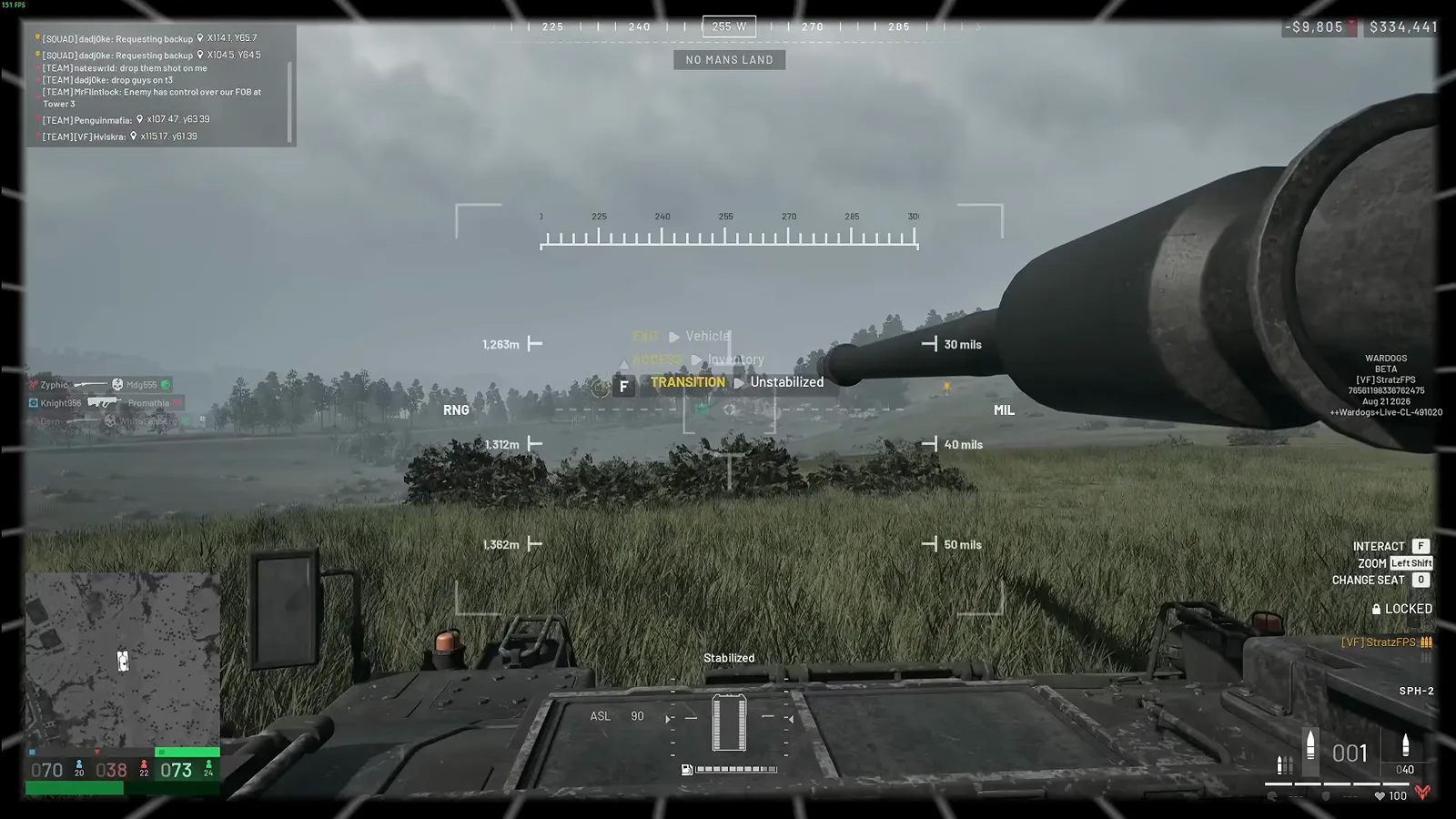 WARDOGS SPH 2 gunner sight with the RNG ladder near 1,312 m on the left, the MIL ladder at 40 mils on the right and the boxed 255 W bearing on the top compass ruler