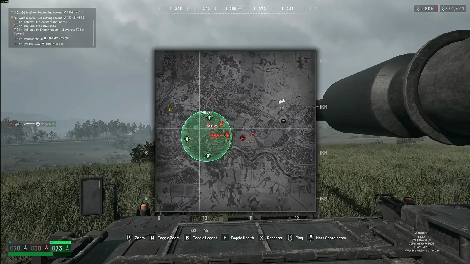 WARDOGS map tool open from the SPH 2 gunner seat with a green range circle around red target markers and cursor coordinates Y86.74 X88.32 beside the 1 km scale