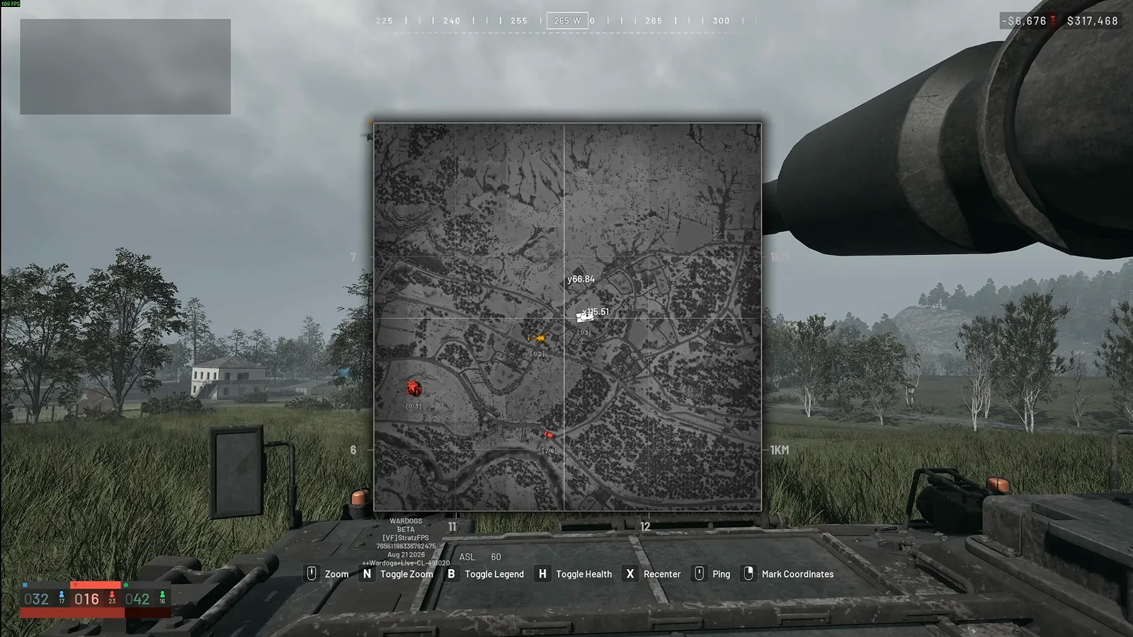 WARDOGS map crosshair over the target area displaying the x115.51 and y66.64 readouts used to subtract tank position from target position