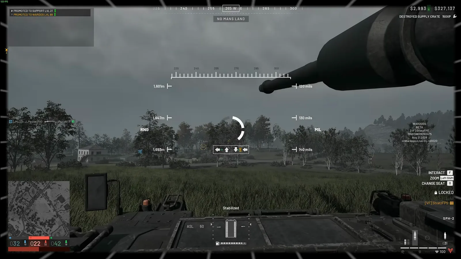 WARDOGS SPH 2 gunner view showing the circular reload prompt with its W A S D arrow sequence between the RNG and MIL ladders right after firing a 155 mm shell