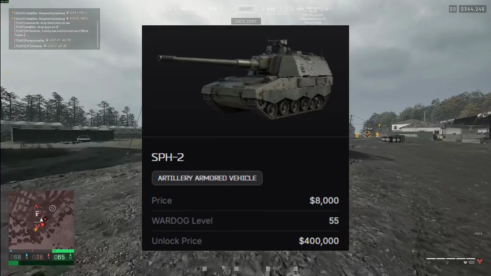 WARDOGS vehicle vendor screen showing the SPH 2 artillery armored vehicle card with its $8,000 price, WARDOG Level 55 requirement and $400,000 unlock price