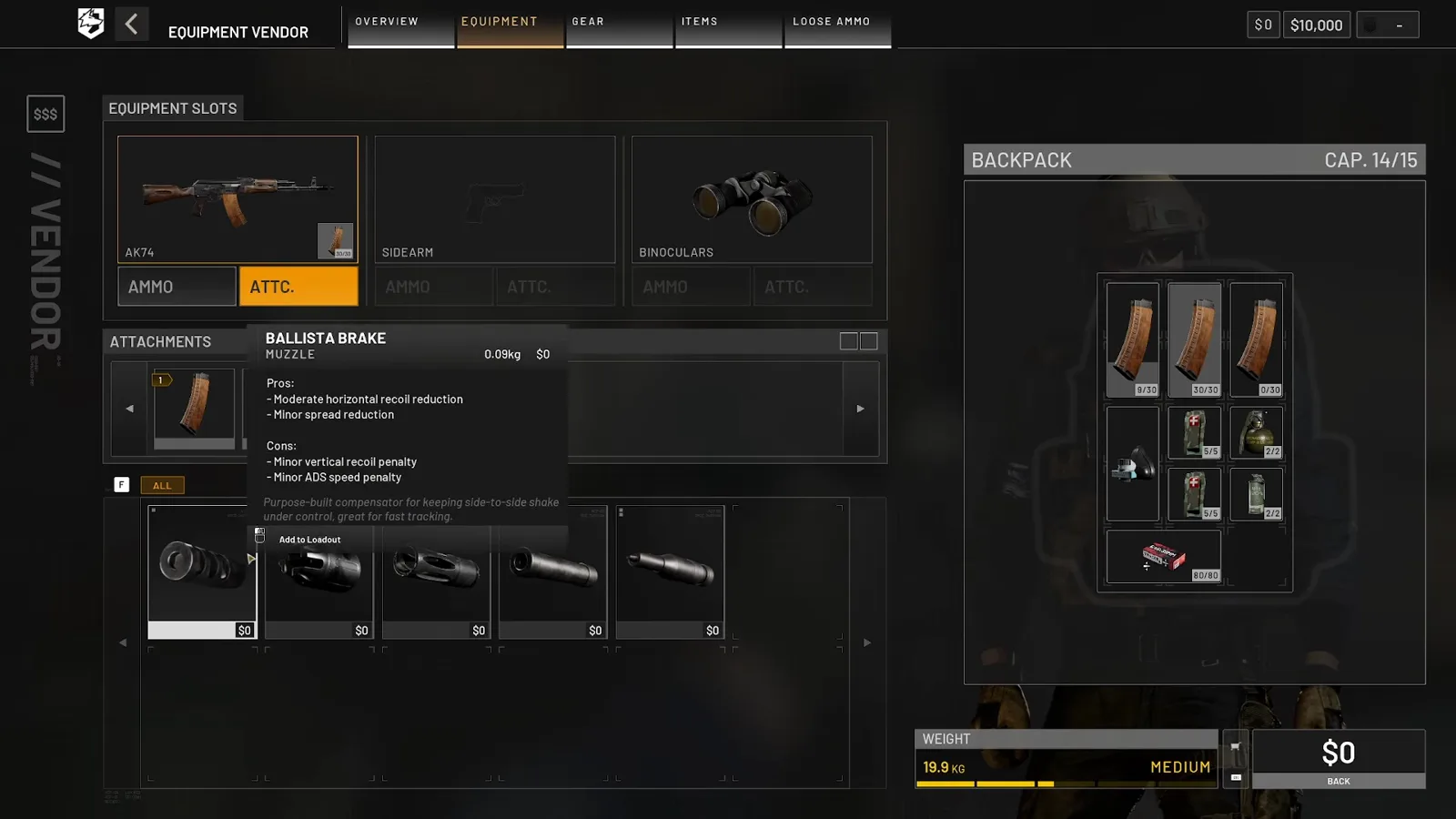 WARDOGS Ballista Brake muzzle tooltip describing moderate horizontal recoil reduction and a minor vertical recoil penalty for fast tracking builds