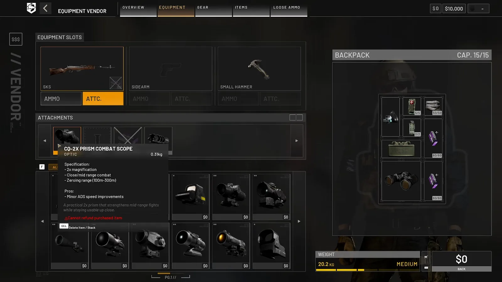 WARDOGS CQ-2X Prism Combat Scope tooltip showing 2x magnification, a 100m to 300m zeroing range and minor ADS speed improvements