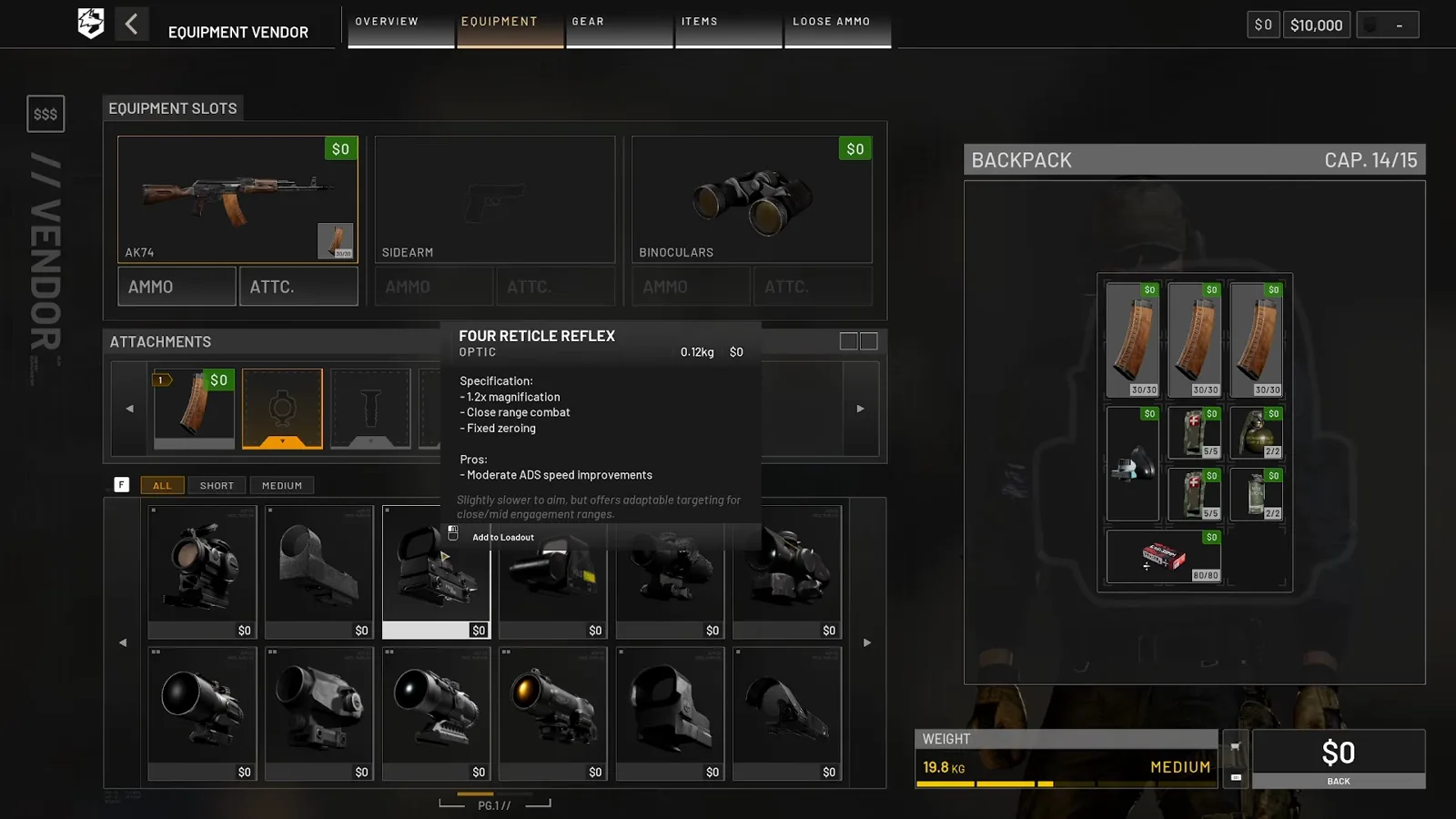 WARDOGS Four Reticle Reflex optic tooltip listing 1.2x magnification, close range combat and moderate ADS speed improvements inside the equipment vendor