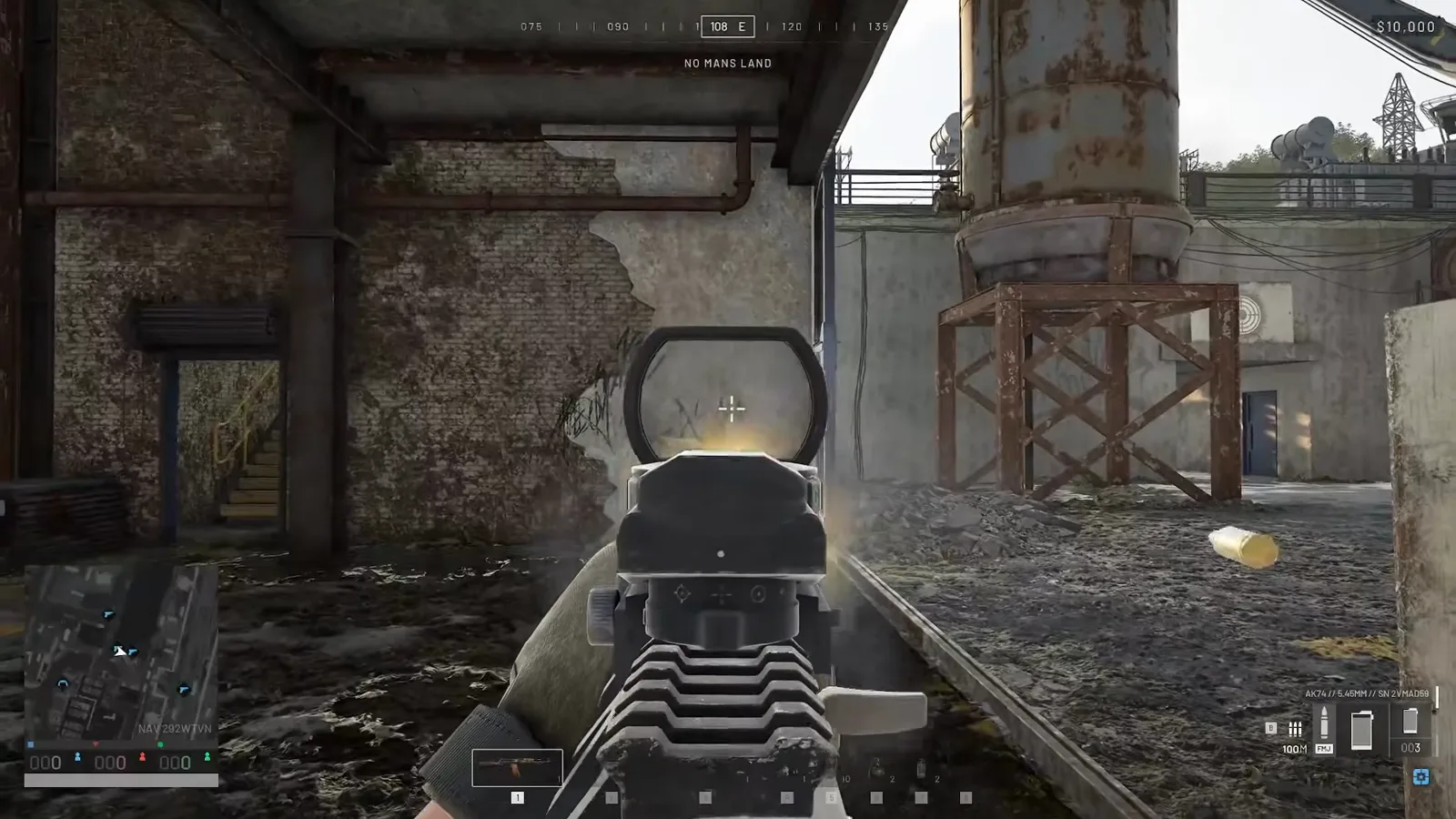 Player aiming down a WARDOGS red dot reflex sight at the No Mans Land firing range while a spent casing ejects from the AK74