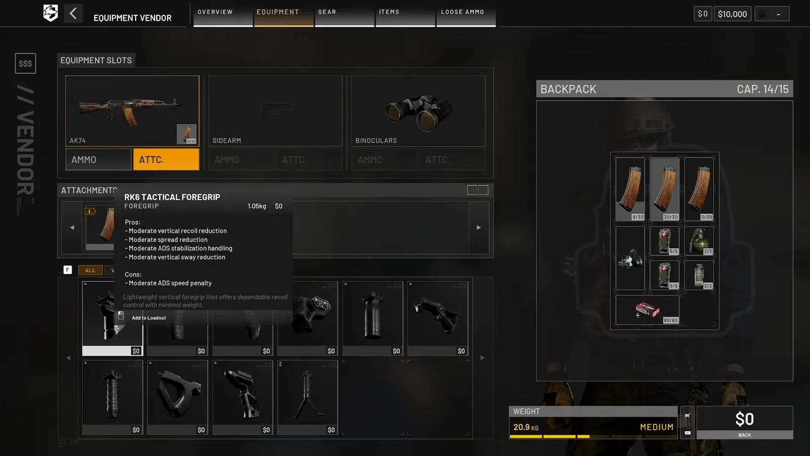 WARDOGS RK6 Tactical Foregrip tooltip showing four moderate recoil pros against a single moderate ADS speed penalty and a 1.05 kg weight