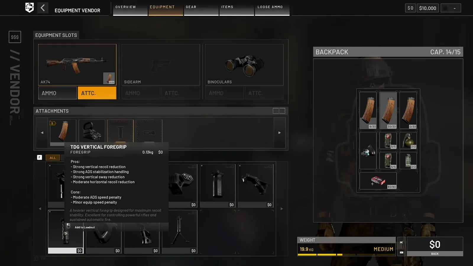 WARDOGS TDG Vertical Foregrip tooltip with strong vertical recoil reduction offset by moderate ADS speed and minor equip speed penalties
