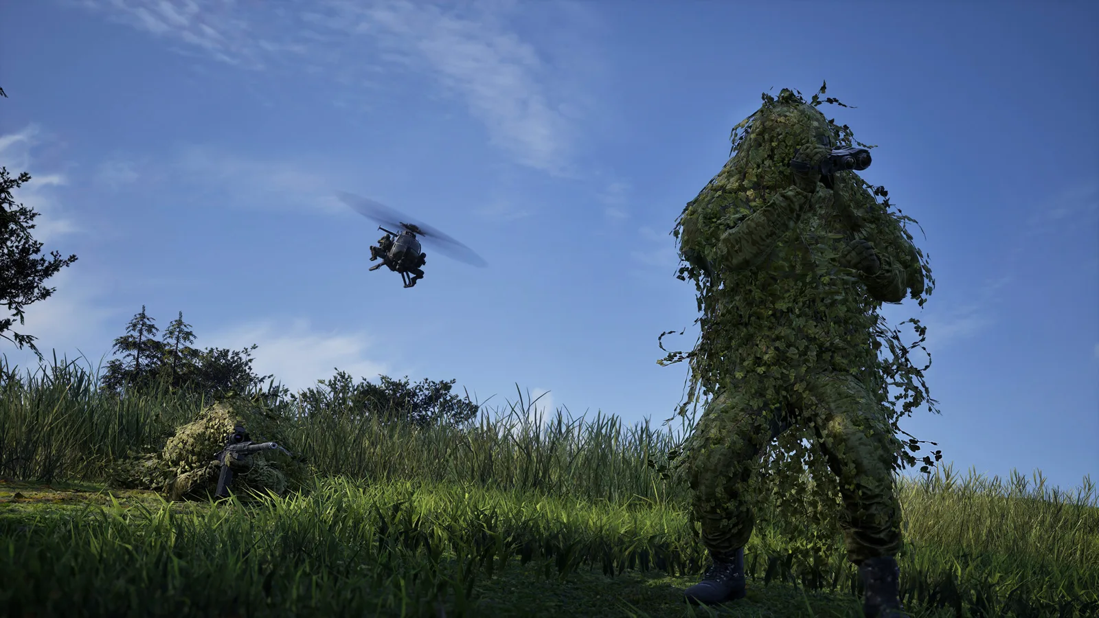 WARDOGS ghillie-suited sniper setting up a patient fair-play ambush near a landing zone