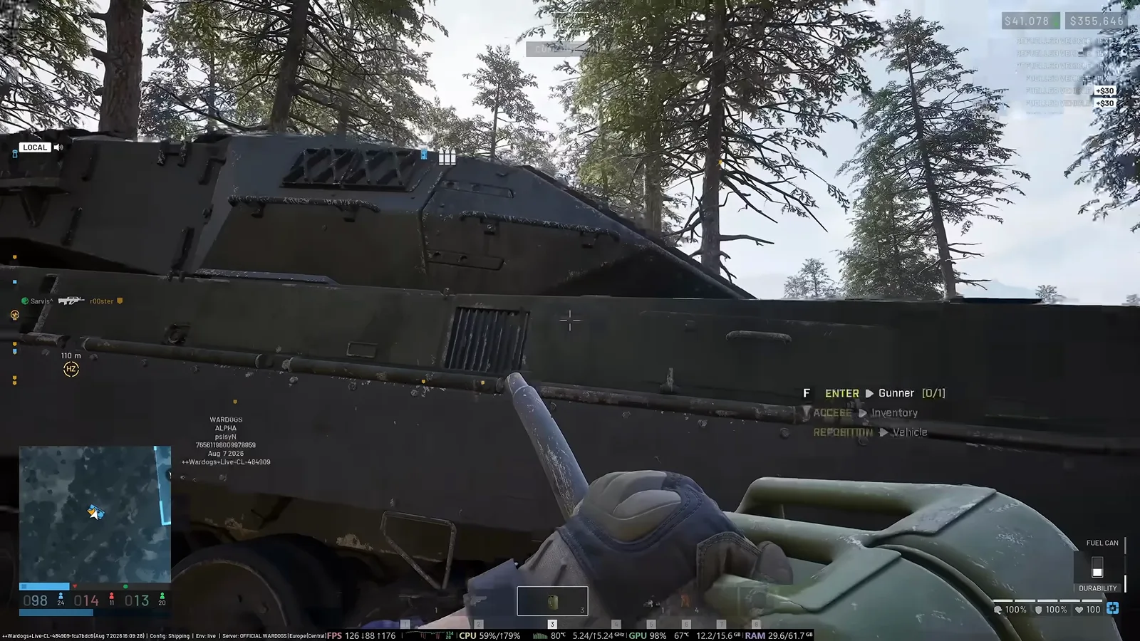 WARDOGS player standing outside the tank hull holding a green fuel can with the gunner seat, inventory and reposition vehicle prompts open