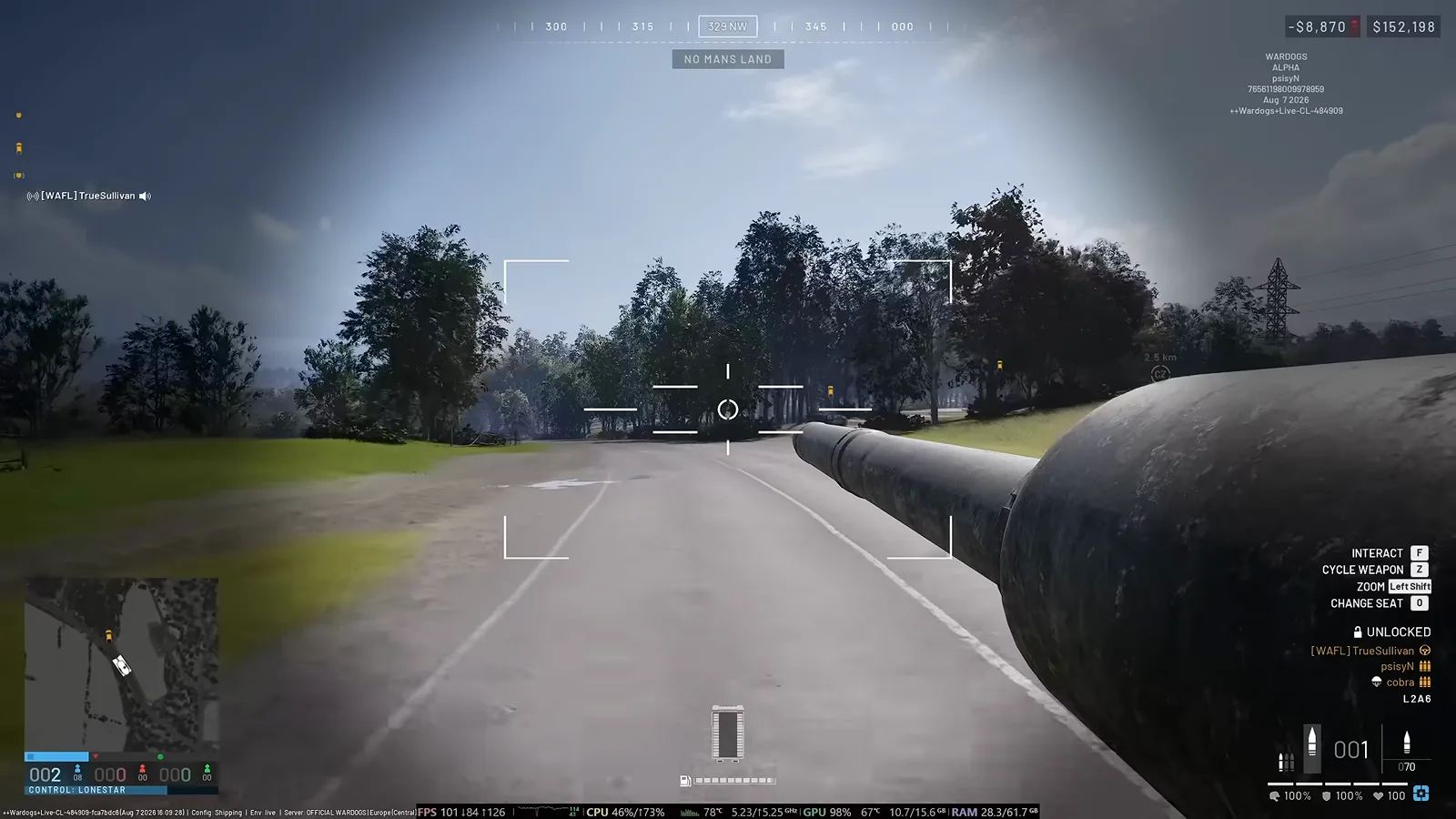 WARDOGS L2A6 tank gunner view showing the change seat and cycle weapon keybinds with the three-man crew roster on the right HUD