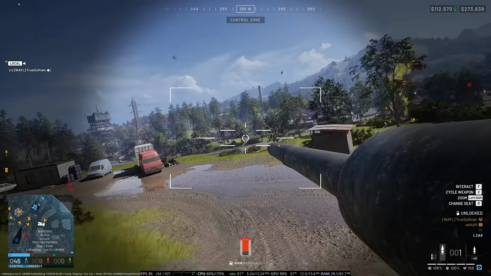 WARDOGS tank barrel aiming across a muddy depot at a cargo truck and van that carry loot and spawn supplies