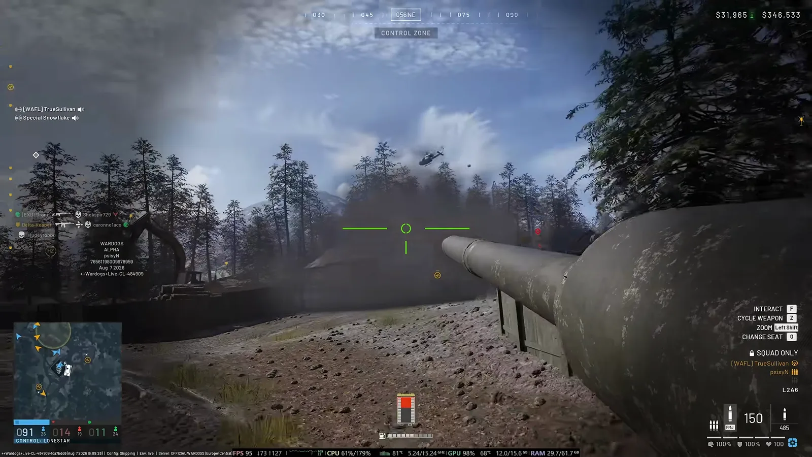 WARDOGS L2A6 tank tracking a low transport helicopter over a pine ridge with the FMJ anti-armor round selected