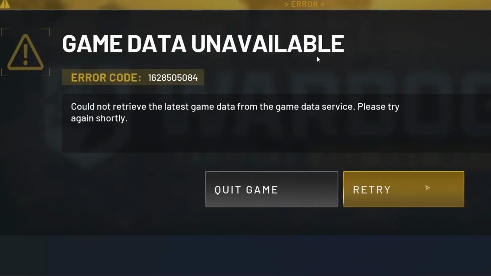 WARDOGS-Fehlerpanel „Game data unavailable“ mit dem Text „Could not retrieve the latest game data from the game data service“ samt Quit-Game- und Retry-Buttons – die laute Ausfallvariante des „Fetching game data“-Hängers