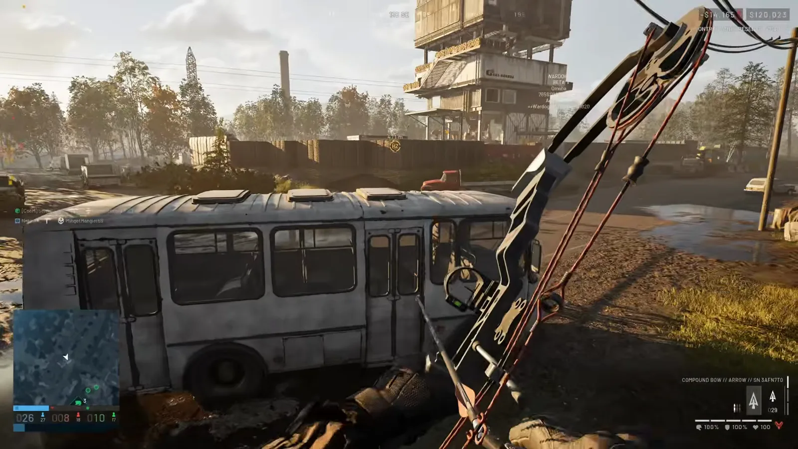 WARDOGS player crouched behind a wrecked bus taking overwatch on a distant tower FOB while approaching on foot with a compound bow