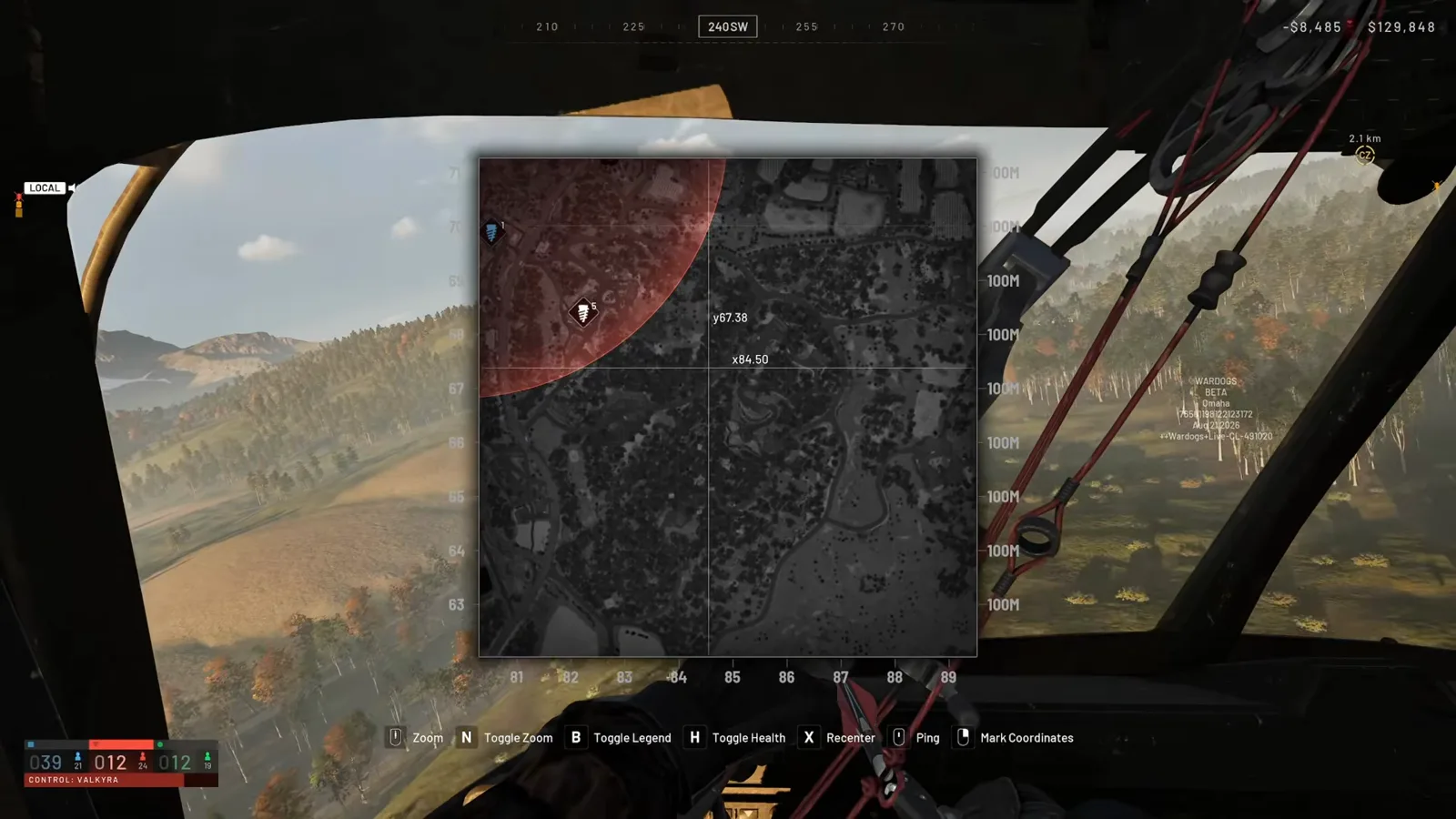 Inside a WARDOGS transport helicopter cockpit with the tactical map open showing a marked drop coordinate and the Mark Coordinates toolbar