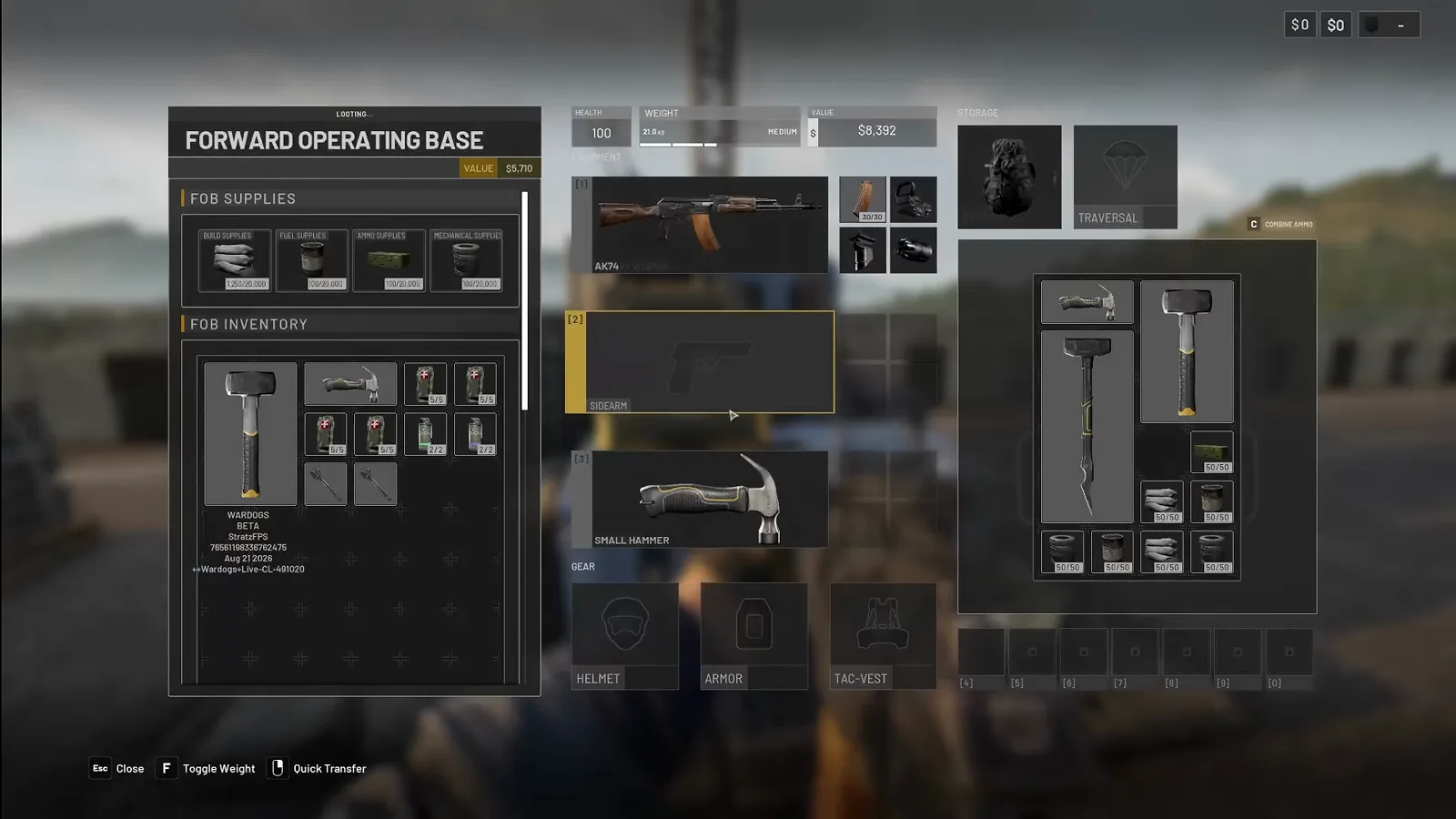 WARDOGS Forward Operating Base menu listing Build, Fuel, Ammo and Mechanical supply counters above the FOB inventory grid holding hammers and medical kits