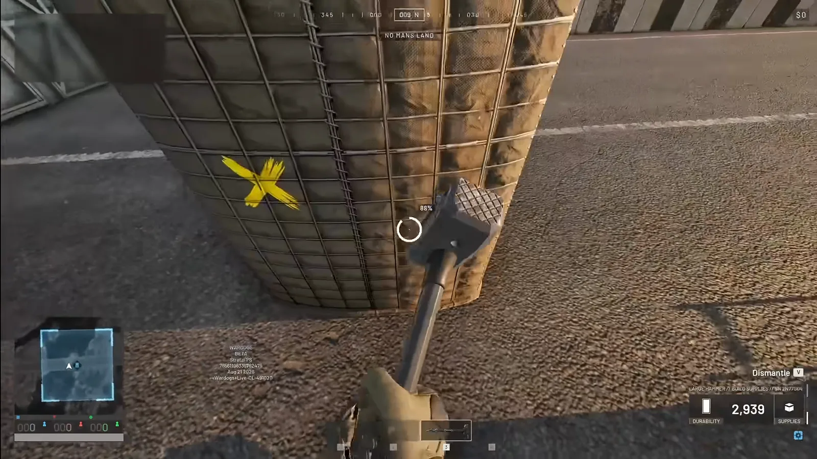 WARDOGS large hammer raised against a Hesco barrier marked with a yellow build X while the HUD counts 2,939 build supplies remaining