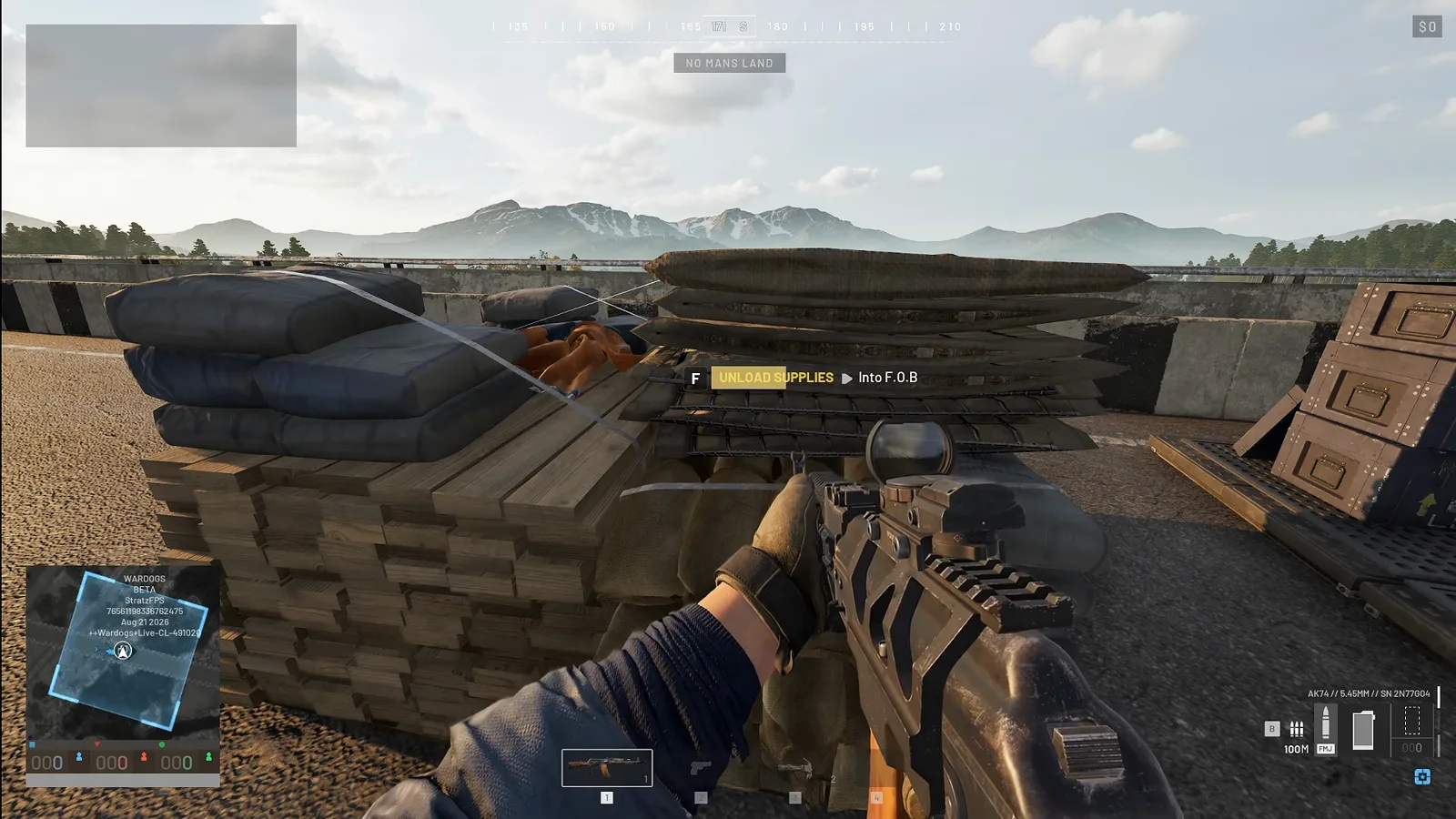 WARDOGS player opening a wooden supply pallet as the F Unload Supplies Into F.O.B. prompt appears with the No Man's Land zone label on the HUD