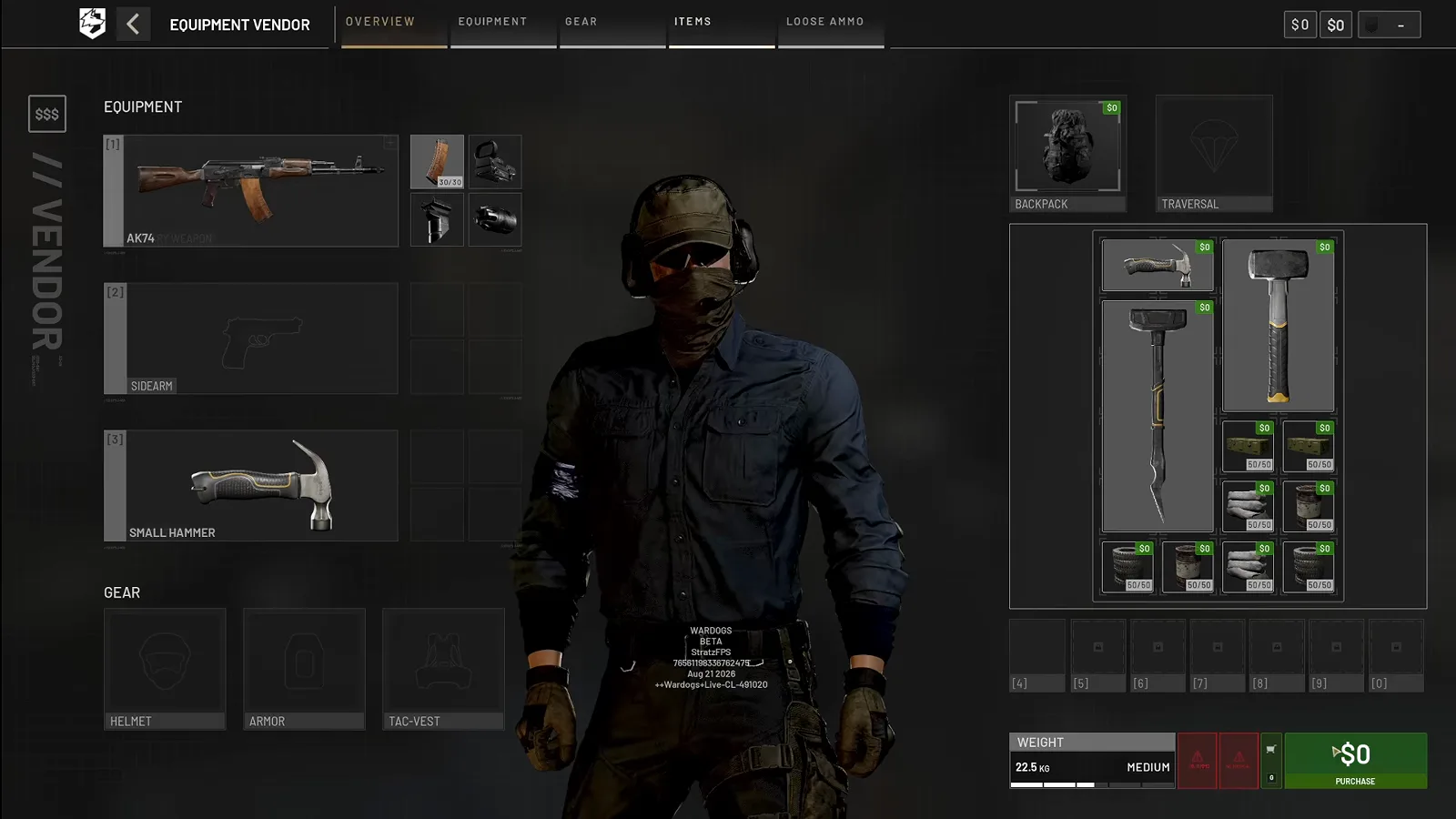 WARDOGS equipment vendor screen with the small hammer equipped in weapon slot 3 and the backpack panel showing all three hammer tiers beside 50-count build supply stacks