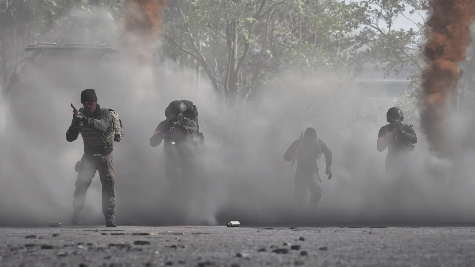WARDOGS four-player assault team advancing in low crouch through dense white smoke cover toward an enemy fortification
