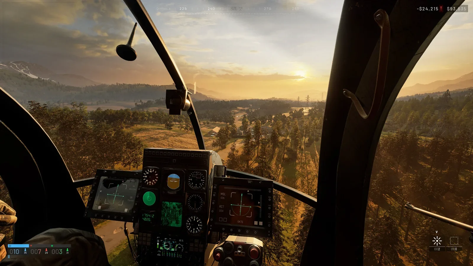 WARDOGS helicopter cockpit interior showing altimeter gauges, collective power percentage, compass tape, and cash balance