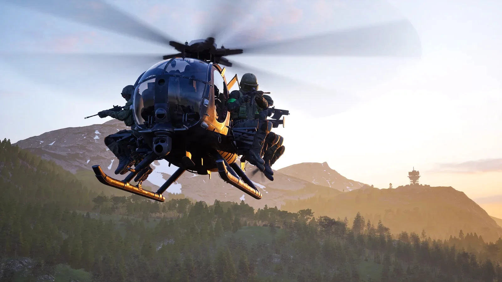 WARDOGS scout transport helicopter skimming low over tree lines and rugged mountain terrain to break radar detection