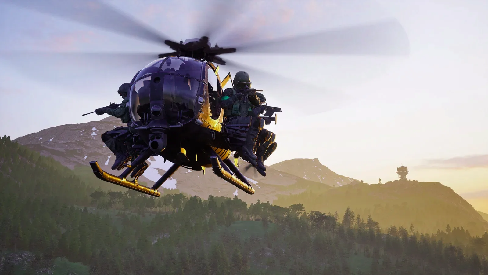 WARDOGS attack helicopter banking sharply while discharging burning magnesium flare countermeasures against incoming missile tracking