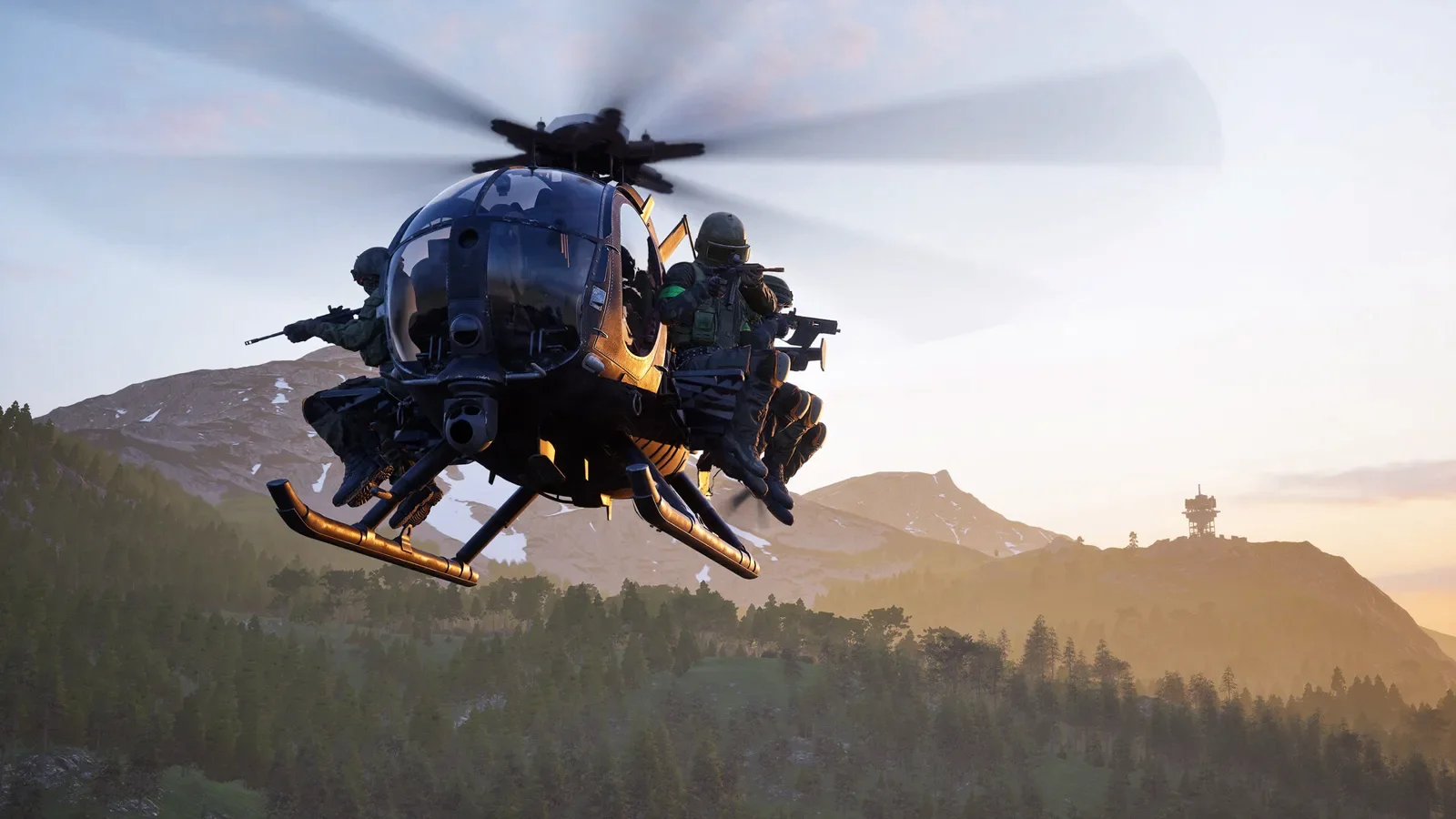 WARDOGS light helicopter holding a steady hover above an industrial compound while assault operatives fast rope down