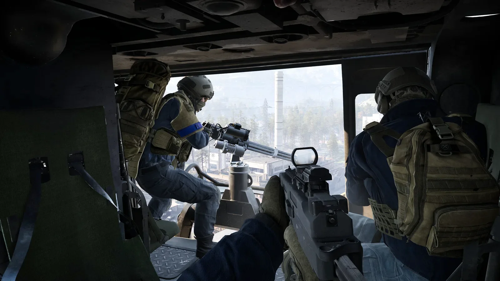 WARDOGS helicopter door gunner and rocket pod firing high explosive barrages into an enemy vehicular convoy