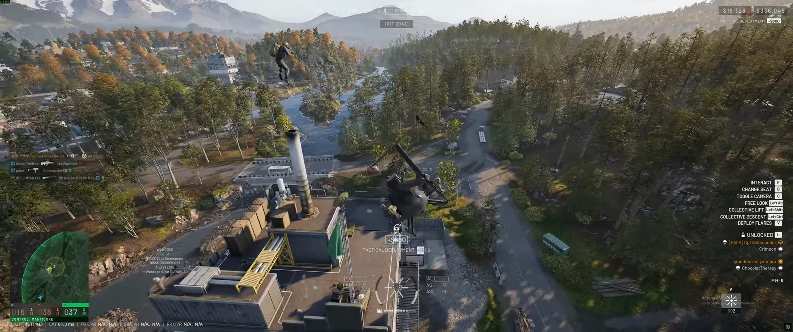 Helicopter snapping into a pinpoint J-hook touchdown on an elevated tower helipad directly adjacent to an enemy anti-air emplacement in WARDOGS