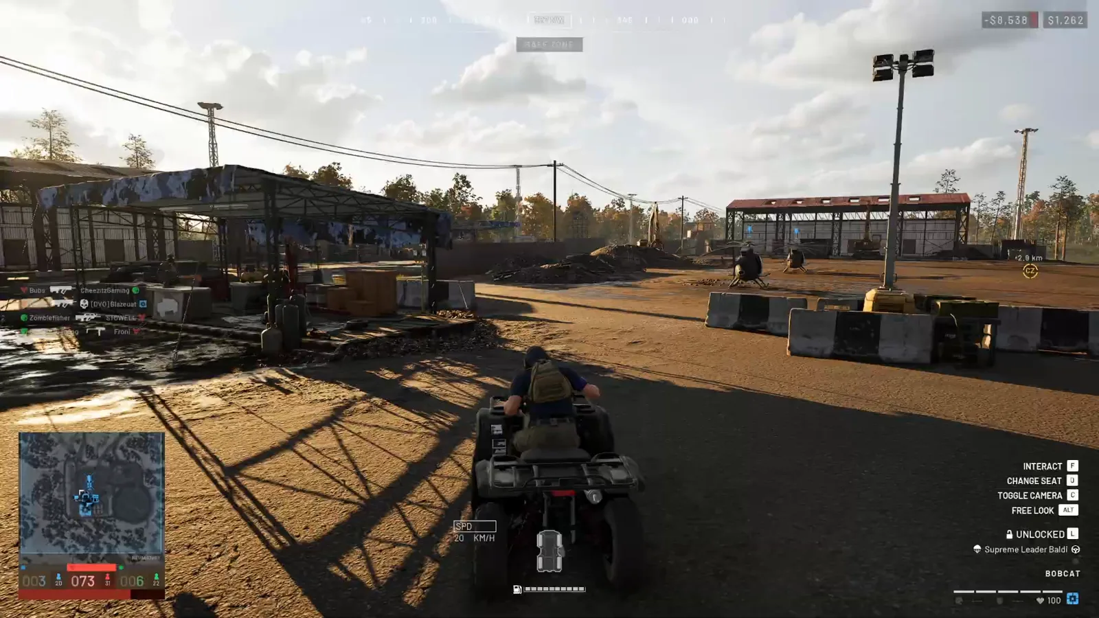 WARDOGS player driving a purchased Bobcat with the vehicle HUD strip listing Interact, Change Seat, Toggle Camera, Free Look and an Unlocked status line naming the owner
