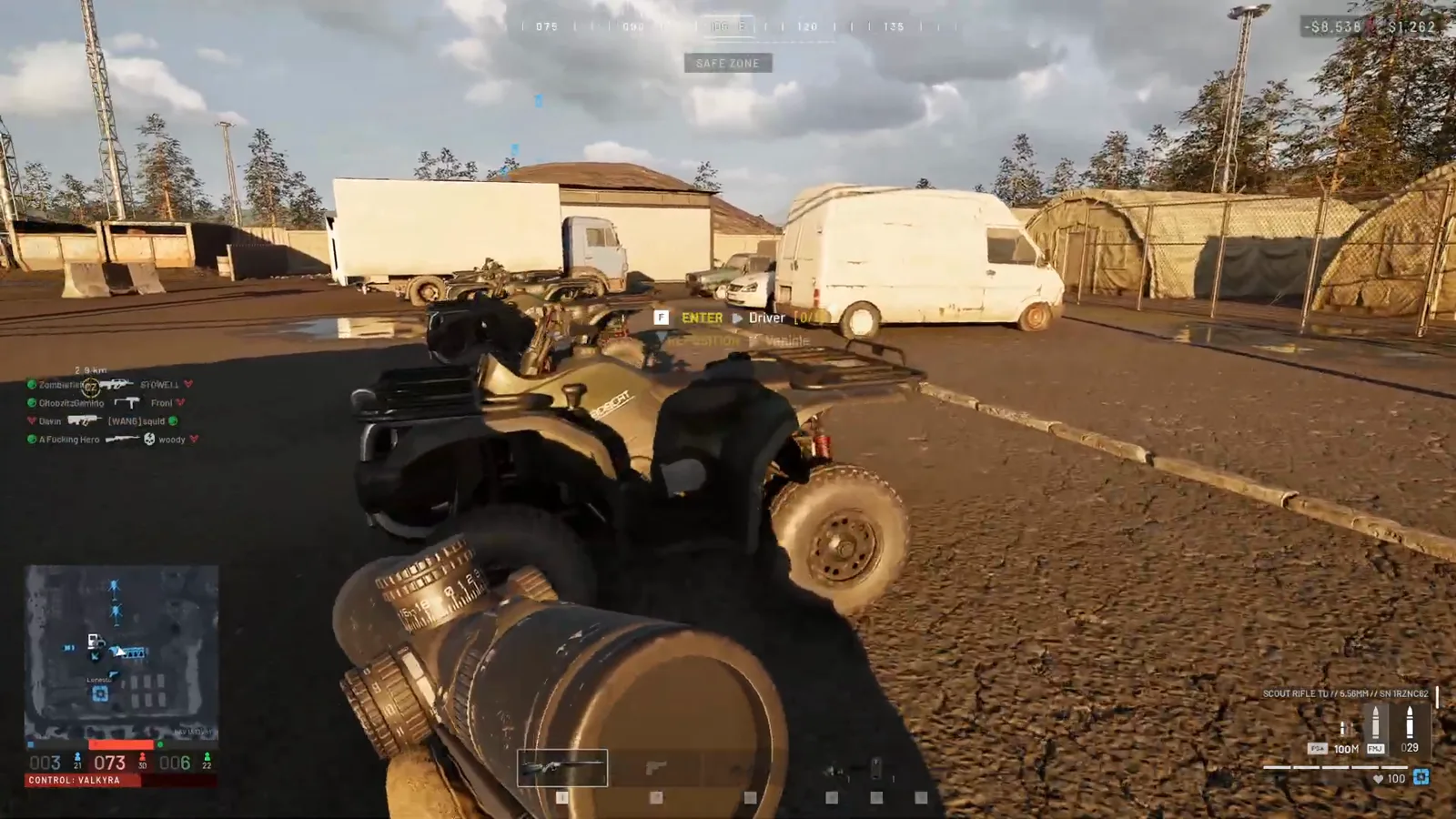 WARDOGS Bobcat quad bike spawned on the dirt inside the safe zone with Enter Driver and Reposition Vehicle interaction prompts floating over the handlebars