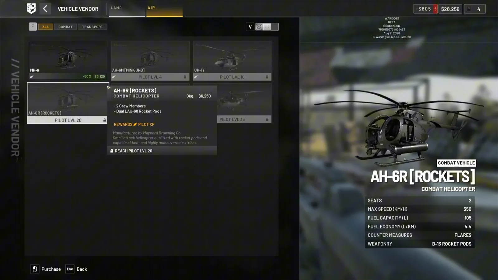 WARDOGS Vehicle Vendor AIR tab where the MH-6 shows a discounted price and every helicopter card below it is locked behind Pilot levels four, ten, twenty and thirty-five