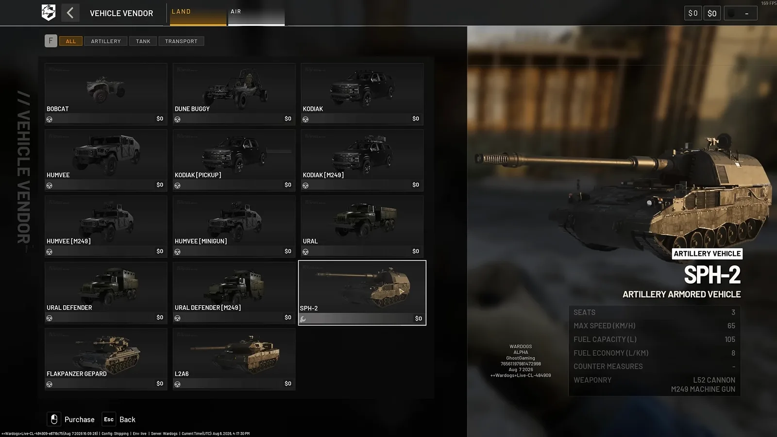 WARDOGS closed alpha vehicle vendor with the SPH-2 inspect card labelled Artillery Armored Vehicle and an L52 cannon listed in its weaponry block
