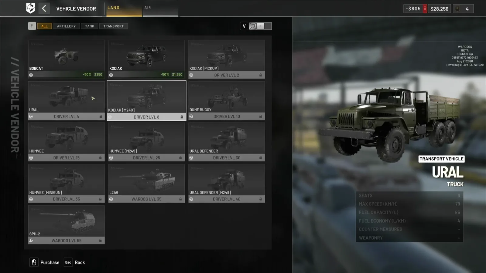 WARDOGS Vehicle Vendor LAND tab listing thirteen purchasable ground vehicles where unlocked cards show a price and locked cards show a Driver level requirement