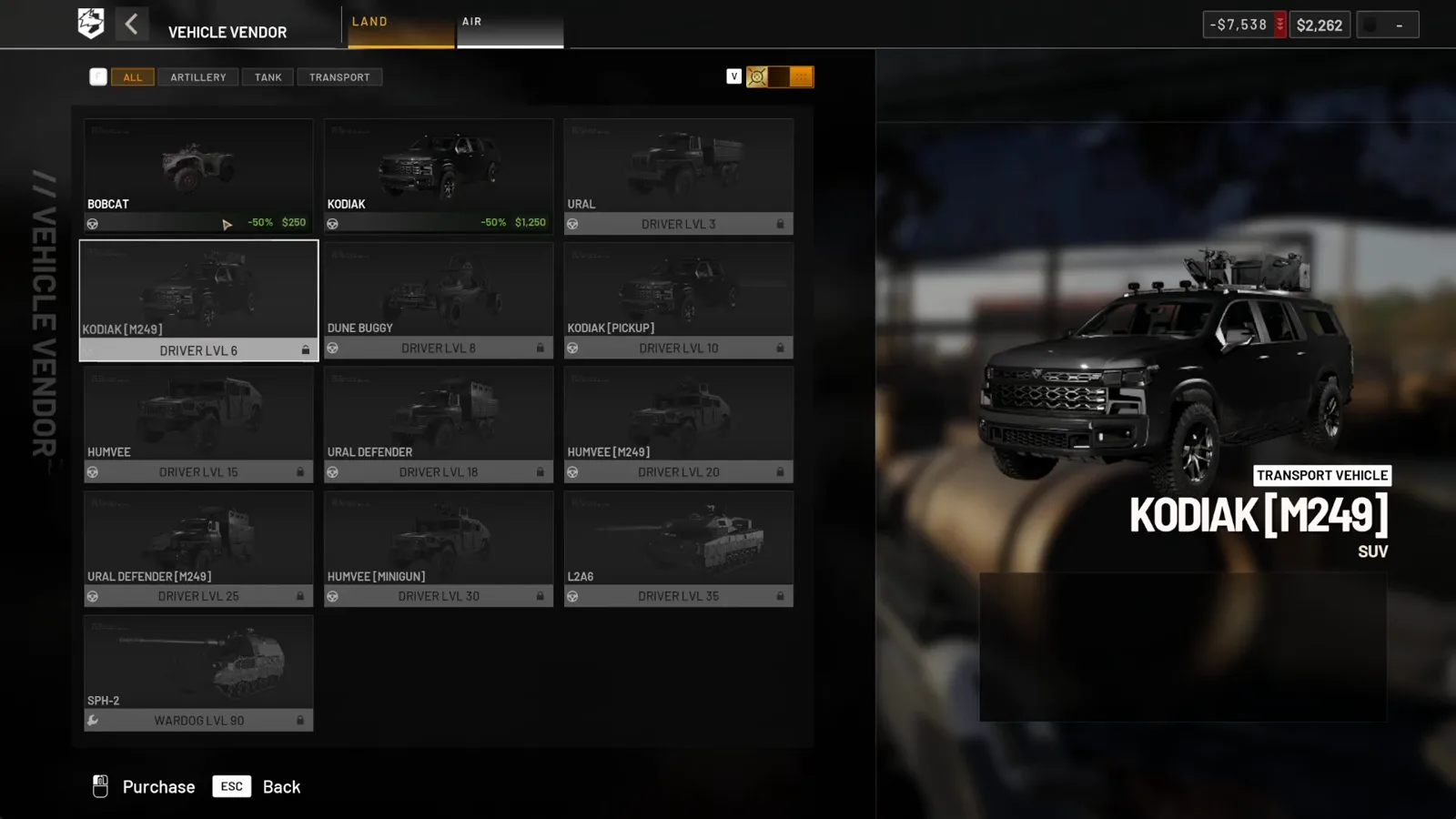 WARDOGS launch-window vehicle vendor LAND list showing the L2A6 gated at Driver level 35 and the SPH-2 gated at WARDOG level 90 after the Season 1 rebalance