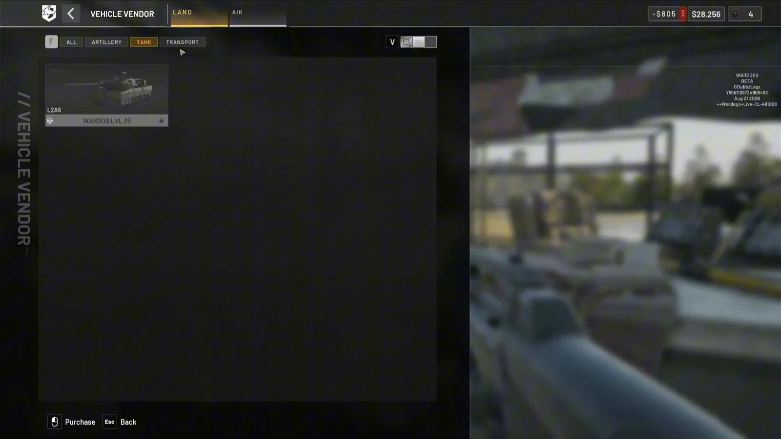 WARDOGS vehicle vendor LAND tab with the TANK filter chip selected returning a single L2A6 card locked behind WARDOG level 35