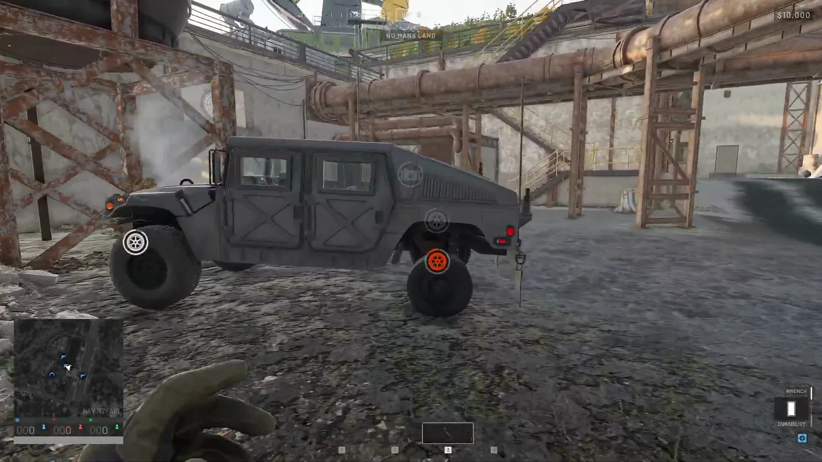 WARDOGS Humvee damaged at a test range with a red circular damage icon over the front wheel and grey intact icons over the other wheels showing which compartment needs repair