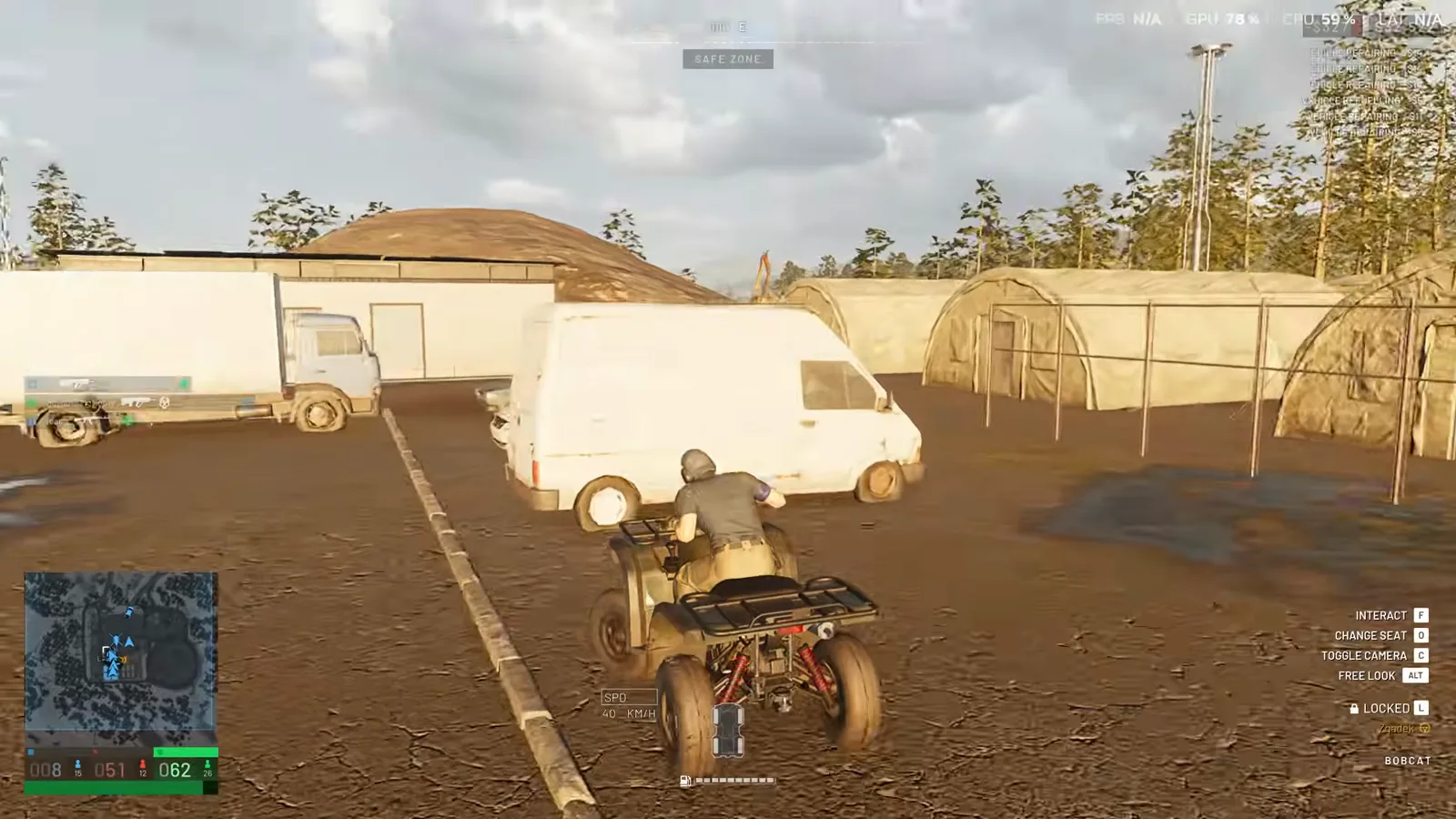 WARDOGS quad bike with a damaged health bar driven back across open ground toward a friendly FOB with hangars and fuel tanks